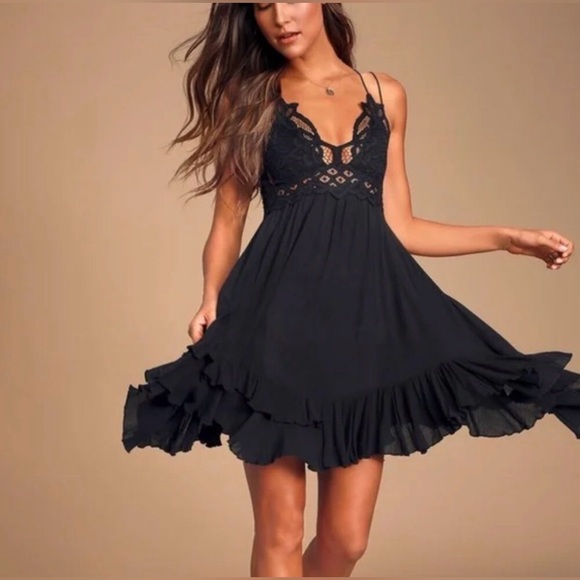 Free People Adella Slip Dress Black Lace Adjustable Ruffle Smocked - Picture 2 of 7
